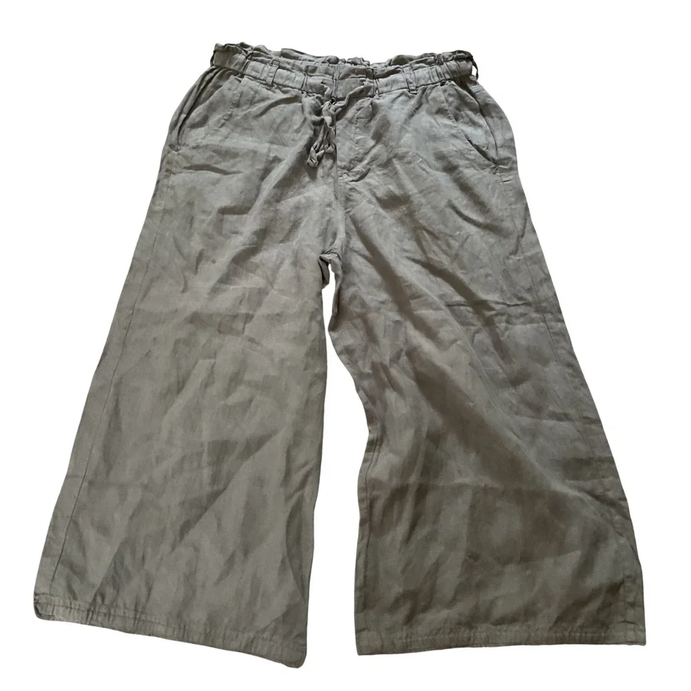 Cloth & Stone Linen Wide Leg Pants Olive Green Cropped Paperbag Waist